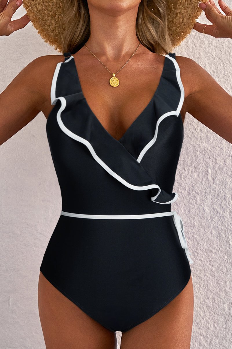 Elegant Black Ruffled V-Neck Wrap Swimsuit with Color Contrast - Love Salve